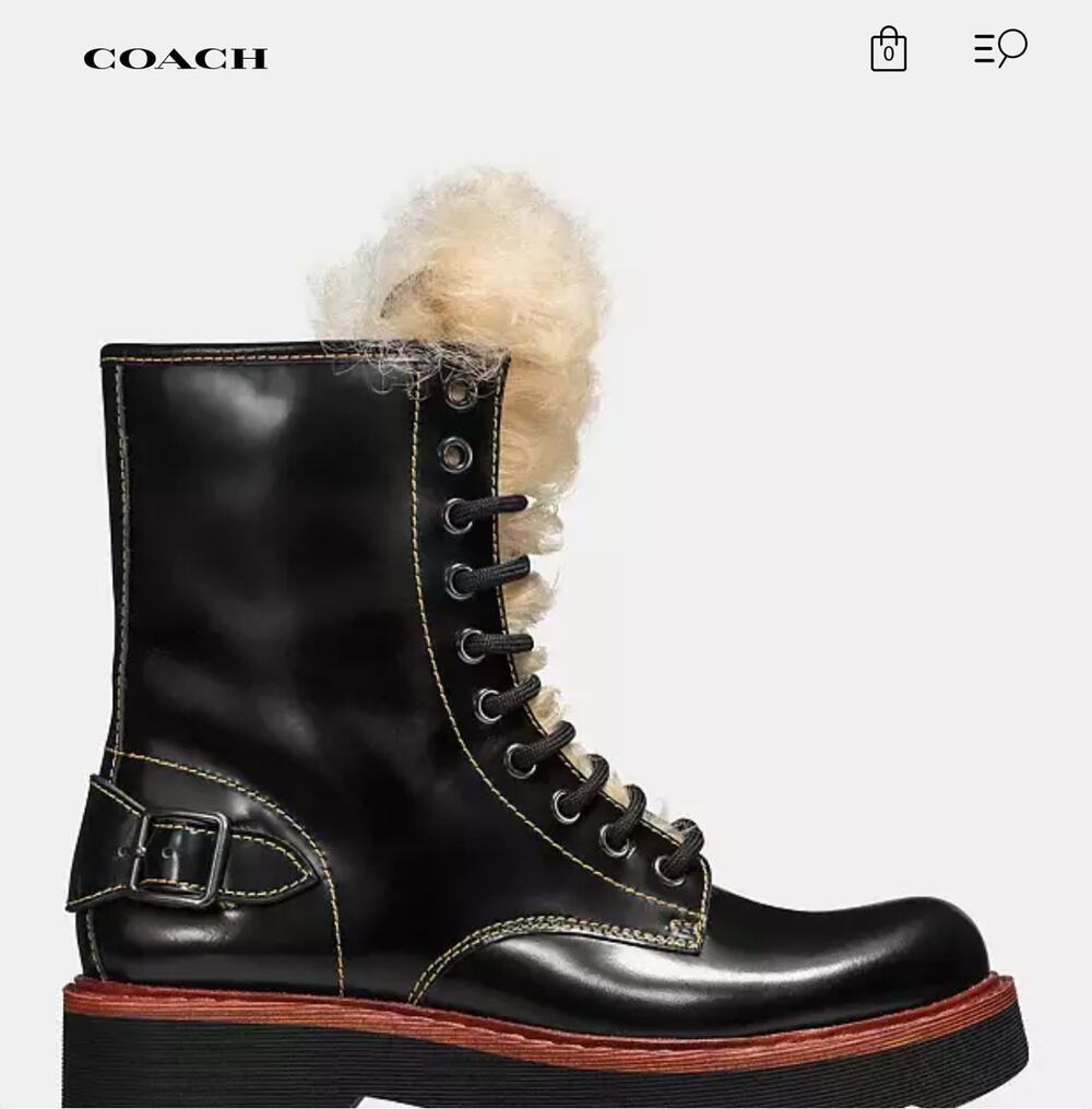 Coach Womens 7.5 Black Leather Moto Hiker Ankle Boots Shearling Platform NEW